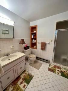 a bathroom with a sink and a toilet at Home in Newland with River Views in Newland