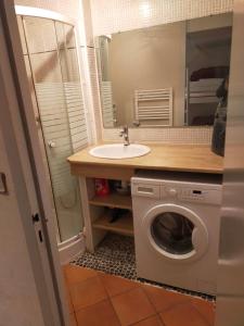 a bathroom with a washing machine and a sink at Appartement LARUNS 2 à 4 personnes in Laruns