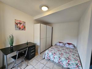Schlafzimmer mit einem Bett, einem Schreibtisch und einem Schrank in der Unterkunft Charmant 2 pièces centre Sospel in Sospel