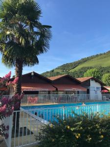 a swimming pool with a palm tree and a building at Camping Europ'Camping - Maeva in Ascarat