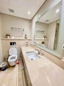 La salle de bains est pourvue de toilettes et d'un grand miroir. dans l'établissement Mangrove m3-1b-02, à Hurghada