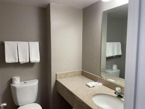 a bathroom with a toilet and a sink and a mirror at Studio 6 Springfield VA Washington DC Southwest in Springfield
