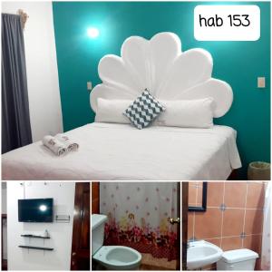 Habitación con cama con cabecero blanco grande en Hotel Doña Mary Huatulco en Santa Cruz - Huatulco