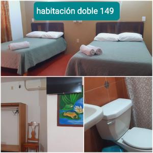 un collage de trois photos d'une chambre d'hôtel dans l'établissement Hotel Doña Mary Huatulco, à Santa Cruz Huatulco
