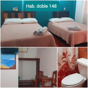 un collage de tres fotos de una habitación con 2 camas en Hotel Doña Mary Huatulco en Santa Cruz - Huatulco