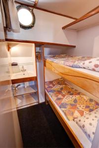 アムステルダムにあるPanta Rhei Boatique Hotelのシンク付きの小さな部屋の二段ベッド2台