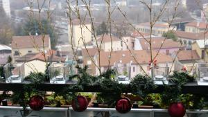 ein Fensterbrett mit Weihnachtspflanzen und Dekorationen darauf in der Unterkunft Квартира люкс в Милане (Appartamento di lusso a Milano) in Sesto San Giovanni