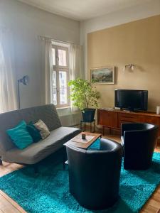 een woonkamer met een bank en een tv bij Apartment Schloss Benrath in Greifswald