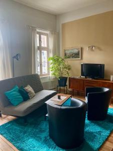 a living room with a couch and a tv at Apartment Schloss Benrath in Greifswald