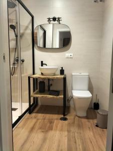 a bathroom with a sink and a toilet and a mirror at Nuevo Apartamento Sevilla centro, Trastamara 25 in Seville