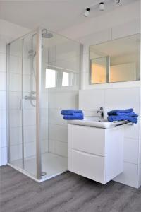 uma casa de banho branca com um chuveiro e um lavatório. em Haus Nr 16, Ferienhaus Deichgraf em Wangerland