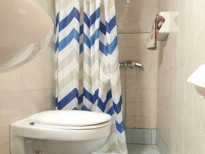y baño con aseo y cortina de ducha. en Guesthouse Chryssoula, en La Canea