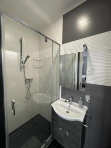 uma casa de banho com um lavatório e uma cabina de duche em vidro. em BRS22 Rooms em Gyor