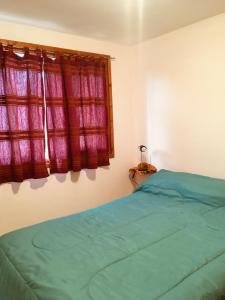 - une chambre avec un lit vert et une fenêtre dans l'établissement Complejo Patagonia Brc, à San Carlos de Bariloche