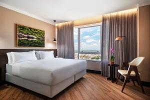 费拉迪圣安娜NH HOTEL FEIRA DE SANTANA的卧室里有一张白色的大床和一扇大窗户