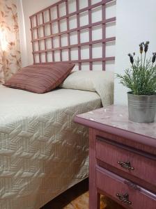 a bedroom with a bed and a table with a potted plant at Hostal Buena Vista in Vejer de la Frontera