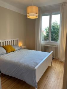 sypialnia z dużym łóżkiem i oknem w obiekcie Maison rouge w mieście Millau