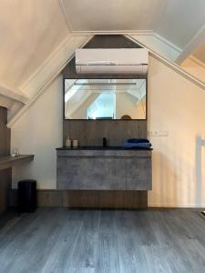 ein leeres Zimmer mit einem Waschbecken und einem Spiegel in der Unterkunft Landelijk gelegen vakantiehuis met hottub! 
