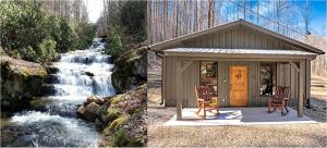 einen Schuppen mit zwei Stühlen vor einem Wasserfall in der Unterkunft Bo's Carriage House - private 36-acre resort with 6 homes amazing waterfall in Cosby