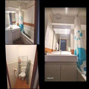 two pictures of a bathroom with a sink and a toilet at LOLA in Puy-Saint-Vincent