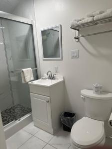a white bathroom with a toilet and a shower at Time Travellers Motel in Petawawa