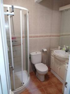 een badkamer met een douche, een toilet en een wastafel bij Piso Turístico Bahía San Vicente in San Vicente de la Barquera