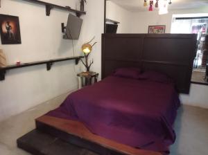 - une chambre avec un grand lit et une couette violette dans l'établissement Casa rústica, à Oaxaca