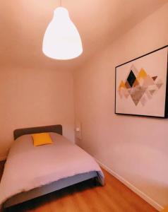 um pequeno quarto com uma cama com luz em Appartement hyper centre em Lons-le-Saunier