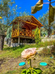 une cabane en rondins avec une terrasse et une fleur en face de celle-ci dans l'établissement Kazdağları Sağlıklı Yaşam Köyü, à Edremit
