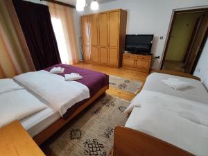 a hotel room with two beds and a television at Apartman Ruza in Vela Luka