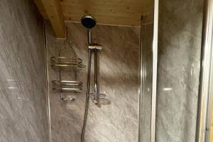 a shower with a glass door with a shower head at The Bee Hive Garden Room in Dorchester