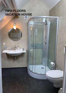 a bathroom with a shower and a toilet and a sink at Huis aan Honte in Dishoek