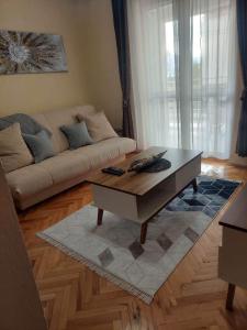 a living room with a couch and a coffee table at Apartman Lucy in Baošići
