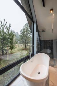 a bathroom with a sink and a large window at Aušrinės in Liškiava +165 photos