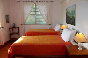 two beds in a room with a window at BlueBelize B&B in Punta Gorda