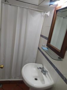 La salle de bains est pourvue d'un lavabo et d'un rideau de douche. dans l'établissement HOTEL COLONIAL MATAMOROS, à Matamoros