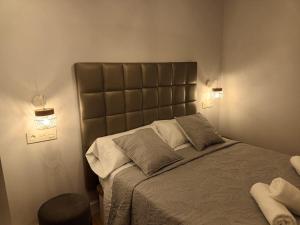 a bedroom with a bed with a large padded headboard at Apartamento Roma 8 in León