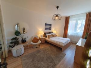 a bedroom with a bed and a chair and a mirror at Apartman guru 3 Szeged in Szeged
