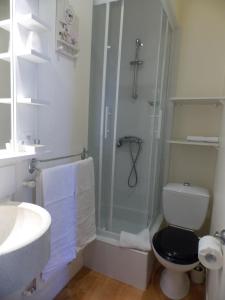uma casa de banho com um chuveiro, um WC e um lavatório. em Hôtel San Pedro em Saint Malo