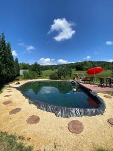 a swimming pool with an umbrella and a picnic table at Apartmán Markéta in Bystrzyca