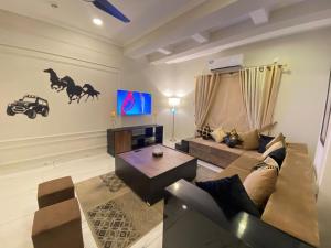 uma sala de estar com um sofá e uma televisão em De-Meridian Luxury Apartments em Rawalpindi
