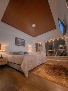 1 dormitorio con 1 cama grande y 1 alfombra en Orosi Mountain Lodge, en Orosí
