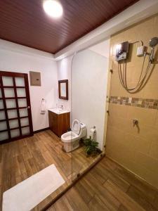 a bathroom with a shower and a toilet and a sink at Orosi Mountain Lodge in Orosí