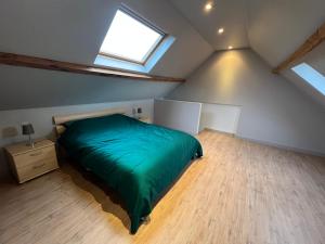 um quarto com uma cama verde num sótão em Ruim app. met grote garage em Ypres