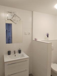 Apartments Merci في أوسترافا: حمام أبيض مع حوض ومرحاض