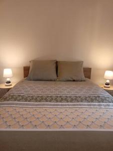 uma cama num quarto com duas lâmpadas nas mesas em Cosy appartement avec vue sur Genève em Collonges-sous-Salève