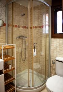 W łazience znajduje się prysznic ze szklanymi drzwiami. w obiekcie Mi Casita Olmedo w mieście Olmedo