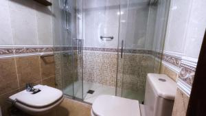 une salle de bain avec toilettes et douche en verre dans l'établissement Bilbao Matiko Tranquility near the Old town, à Bilbao