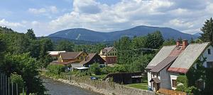 a town with a river and mountains in the background at Penzion U Halířů in Mladé Buky