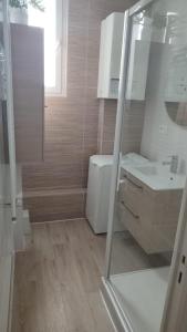 a bathroom with a toilet and a sink and a shower at Logement Place d'Erlon hypercentre avec balcon in Reims